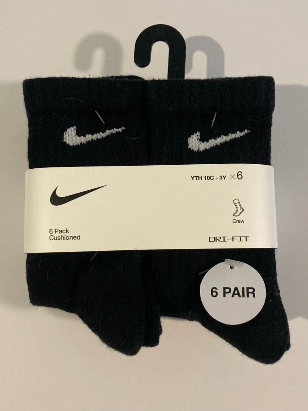 Nike Youth DriFit Cushioned Crew Socks 6 Pair Black - Size 10C-3Y School Kids XS